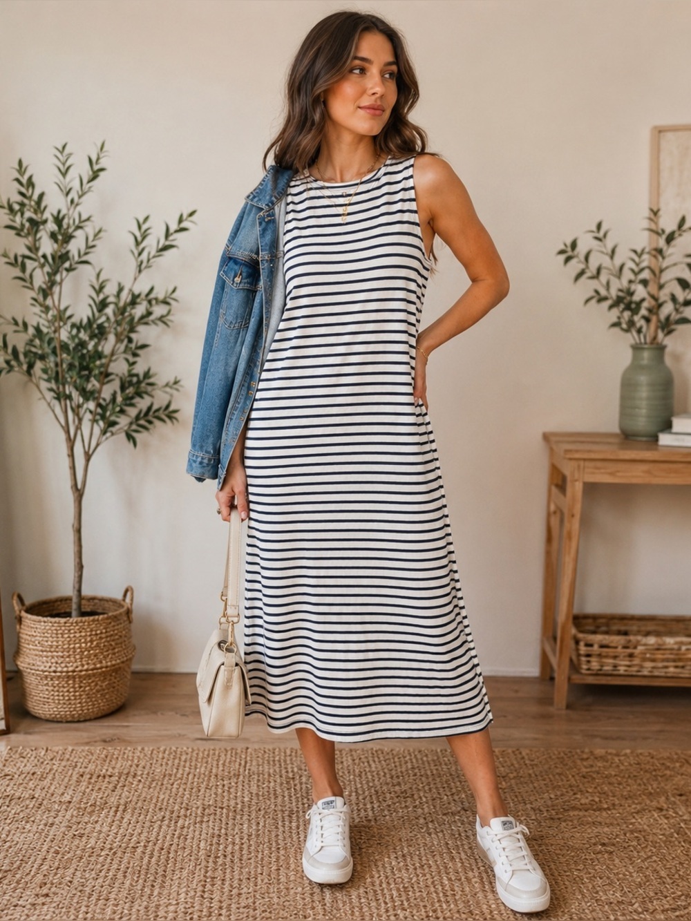 Lands’ End Striped Midi Dress Navy White Cotton Coastal Casual Small